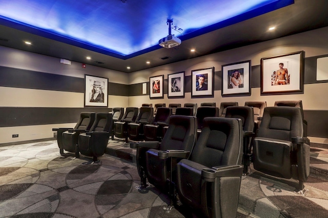 carpeted home theater room featuring recessed lighting, baseboards, and visible vents