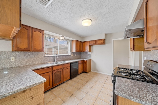 kitchen featuring brown cabinetry, black dishwasher, gas range, under cabinet range hood, and a sink