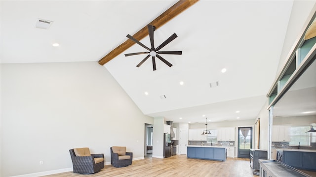 living area with visible vents, beam ceiling, high vaulted ceiling, a ceiling fan, and light wood-style flooring