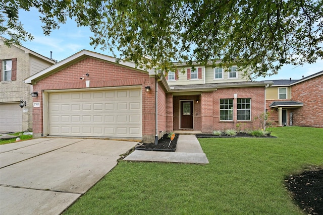 view of front of house featuring concrete driveway, brick siding, a front yard, and a garage