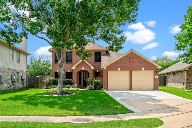 traditional-style house with a garage, fence, a front lawn, and brick siding