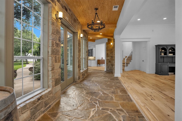 interior space with visible vents, stairway, wooden ceiling, an inviting chandelier, and recessed lighting