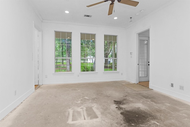 unfurnished room with ceiling fan, visible vents, crown molding, unfinished concrete floors, and baseboards