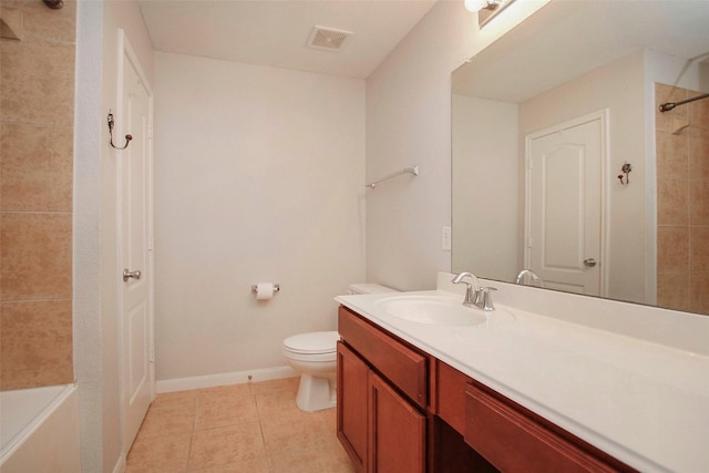 full bathroom with visible vents, tile patterned flooring, vanity, baseboards, and toilet