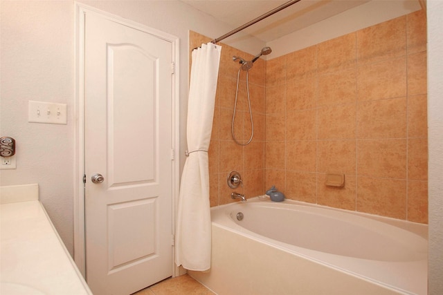 full bath with tile patterned flooring and shower / bathtub combination with curtain