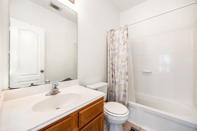 full bathroom with visible vents, shower / tub combo, toilet, and vanity