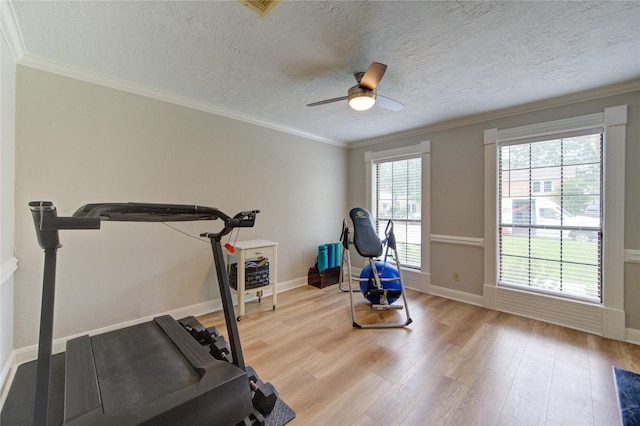 workout area featuring ornamental molding, baseboards, ceiling fan, light wood-type flooring, and a textured ceiling