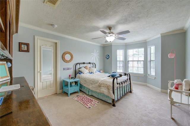bedroom featuring visible vents, ornamental molding, baseboards, and light carpet