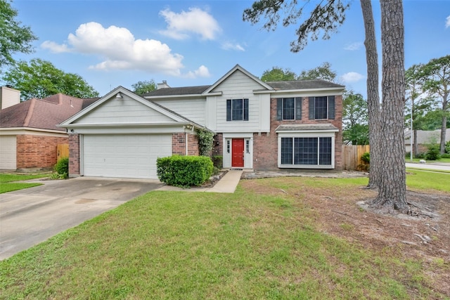 view of front of property featuring driveway, a garage, brick siding, fence, and a front lawn
