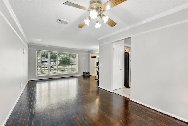 unfurnished living room with ceiling fan, visible vents, crown molding, baseboards, and light wood finished floors