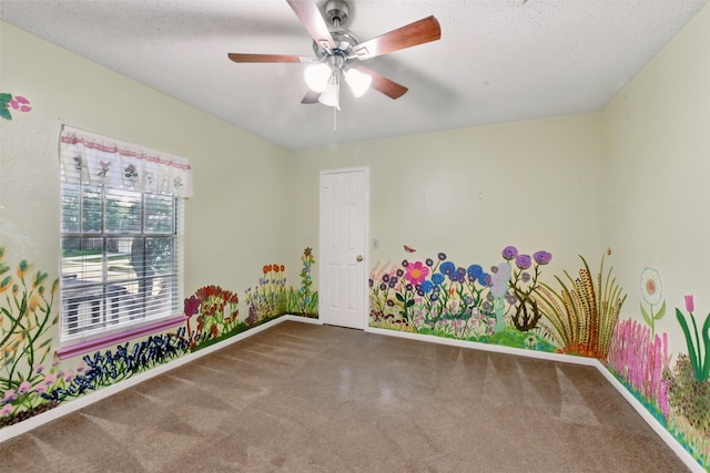 game room with carpet floors, a textured ceiling, baseboards, and ceiling fan