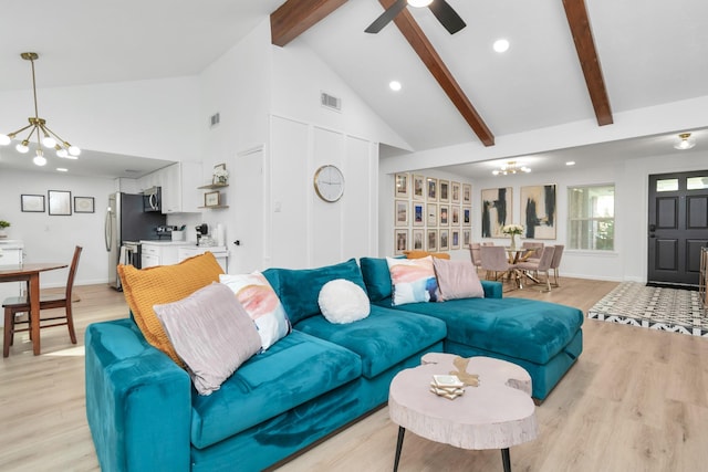 living room featuring visible vents, beamed ceiling, high vaulted ceiling, recessed lighting, and light wood-style flooring