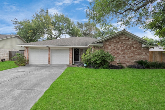 ranch-style home featuring brick siding, an attached garage, driveway, and a front yard