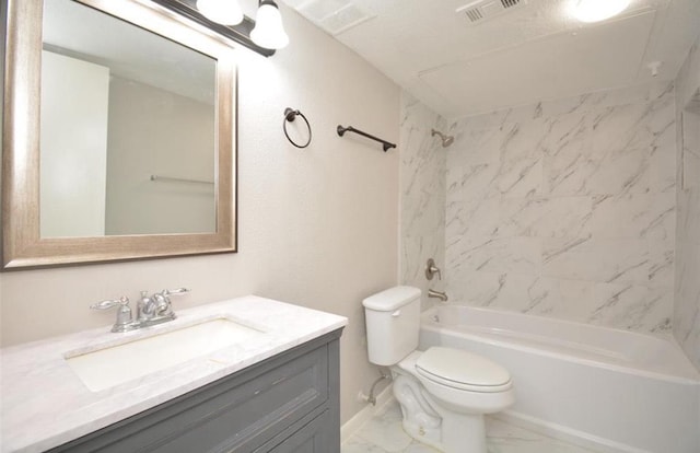 full bathroom featuring vanity, shower / bathtub combination, toilet, marble finish floor, and visible vents