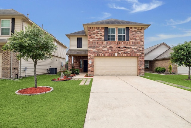 traditional home with central air condition unit, an attached garage, driveway, and brick siding