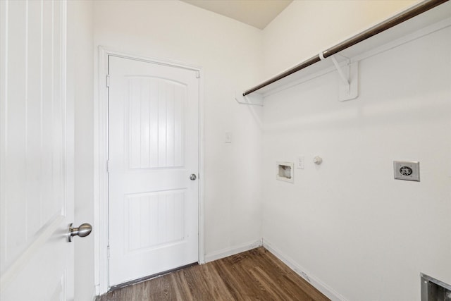 laundry room with laundry area, hookup for a washing machine, dark wood-style floors, gas dryer hookup, and electric dryer hookup
