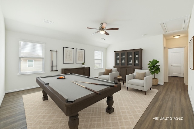 game room with ceiling fan, attic access, visible vents, wood finished floors, and baseboards