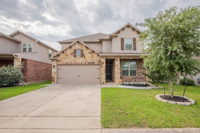 craftsman house with stone siding, a front yard, stucco siding, an attached garage, and driveway
