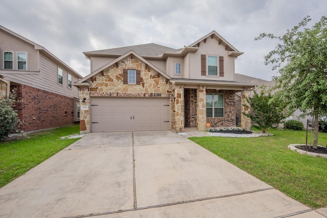 craftsman house featuring an attached garage, stone siding, stucco siding, a front yard, and concrete driveway