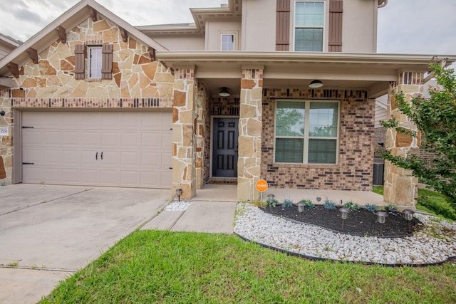 view of front of home with brick siding, central AC, driveway, and stone siding