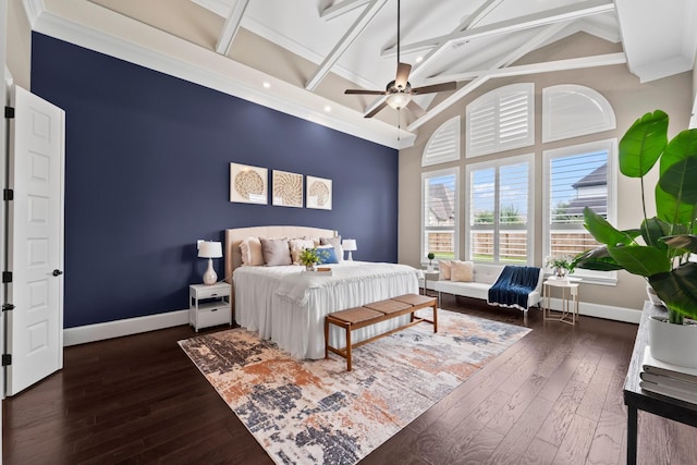 bedroom with dark wood-style flooring, a towering ceiling, beamed ceiling, baseboards, and recessed lighting