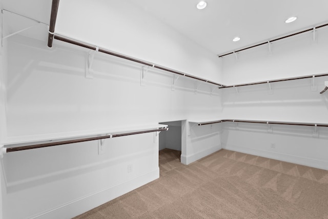 spacious closet featuring light colored carpet