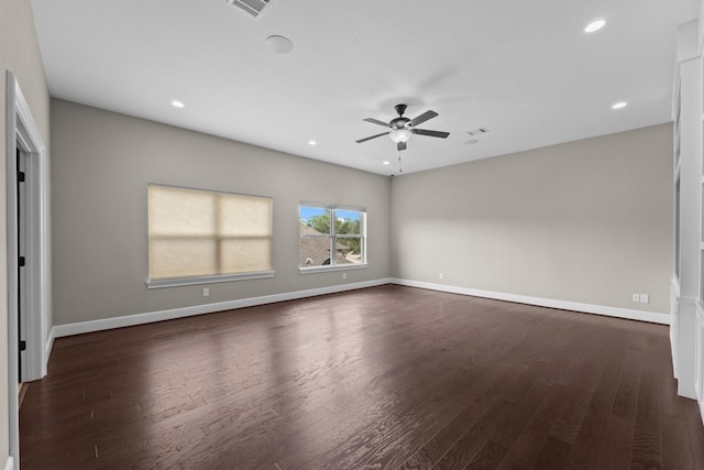 interior space featuring ceiling fan, dark wood finished floors, recessed lighting, baseboards, and visible vents