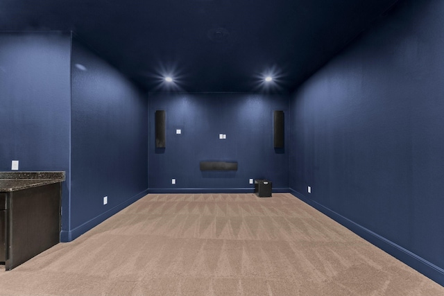 cinema with baseboards, light carpet, and recessed lighting