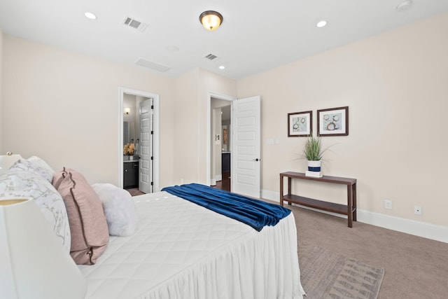 bedroom with carpet floors, recessed lighting, baseboards, and visible vents