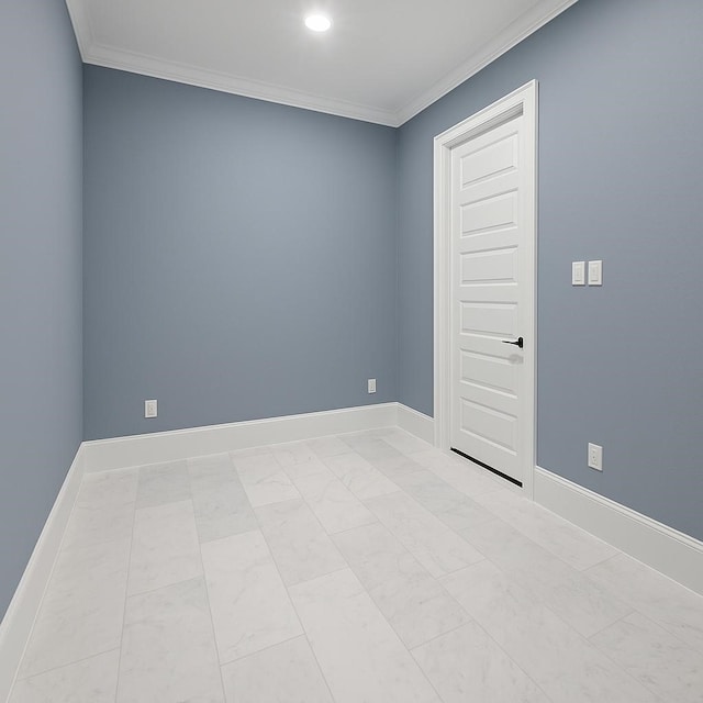spare room featuring crown molding, recessed lighting, and baseboards