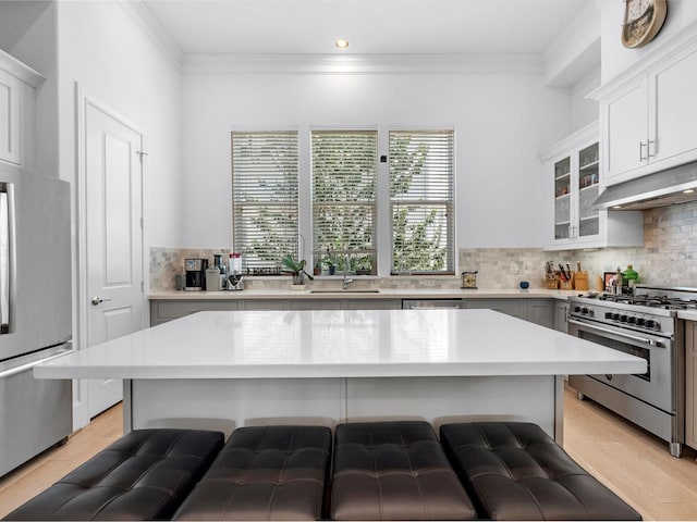 kitchen with under cabinet range hood, stainless steel appliances, a kitchen breakfast bar, and light countertops