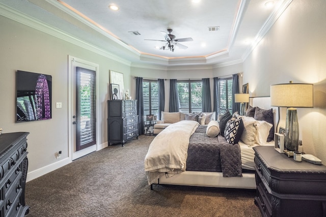 bedroom featuring access to exterior, visible vents, a raised ceiling, carpet floors, and ornamental molding
