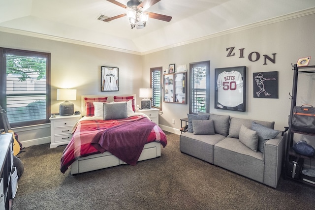 bedroom with a raised ceiling, multiple windows, baseboards, and carpet flooring