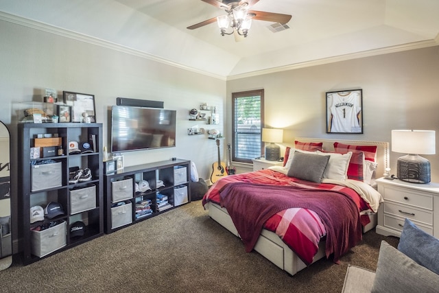 bedroom with carpet floors, ornamental molding, and visible vents