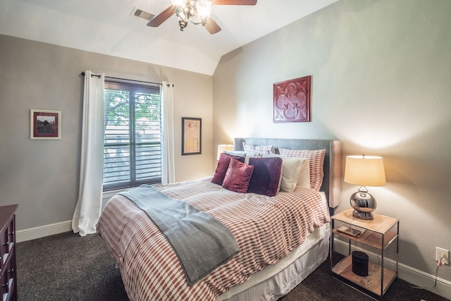 bedroom featuring carpet, a ceiling fan, baseboards, lofted ceiling, and visible vents