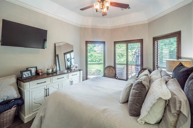 bedroom with crown molding, ceiling fan, visible vents, and carpet
