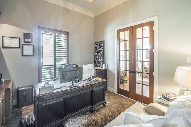 office with baseboards, ornamental molding, and french doors