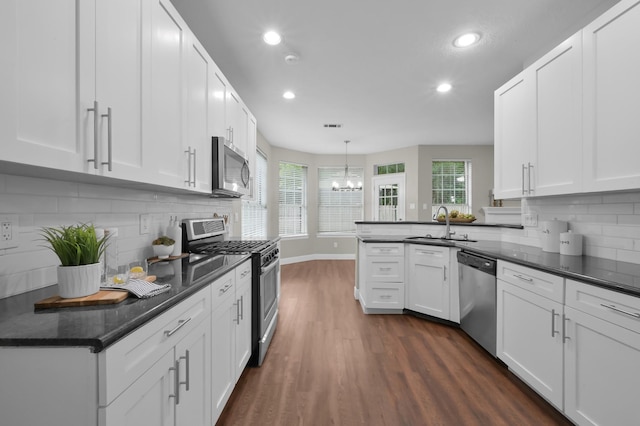 23 Greentwig Pl, The Woodlands, TX 77381 - kitchen with recessed lighting, dark wood-style flooring, appliances with stainless steel finishes, and white cabinetry