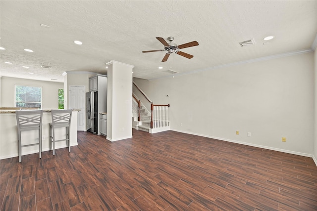 7824 Stoneyway Dr, Houston, TX 77040 - unfurnished living room featuring visible vents, a ceiling fan, dark wood-style flooring, and recessed lighting