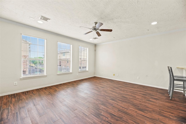 7824 Stoneyway Dr, Houston, TX 77040 - empty room with crown molding, a textured ceiling, dark wood finished floors, a ceiling fan, and visible vents