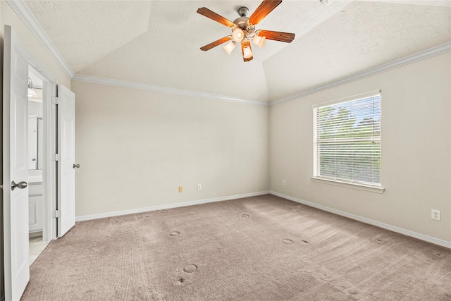 7824 Stoneyway Dr, Houston, TX 77040 - empty room featuring carpet floors, ceiling fan, ornamental molding, and vaulted ceiling