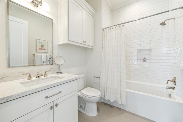 full bath with toilet, shower / tub combo, tile patterned flooring, and vanity
