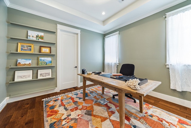office space featuring baseboards, recessed lighting, and wood finished floors