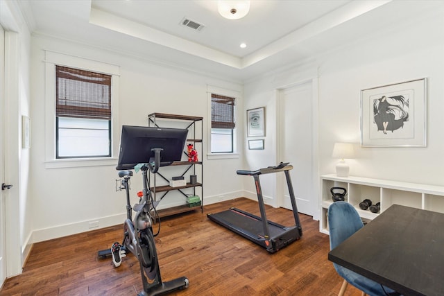 workout area featuring a healthy amount of sunlight, a tray ceiling, wood finished floors, and visible vents