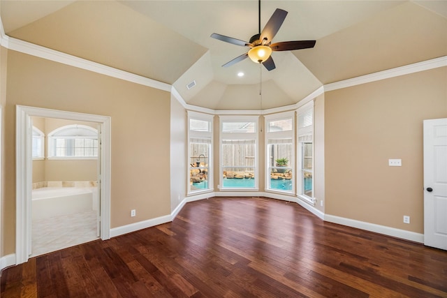 5811 Cimmaron Creek Ct, Spring, TX 77379 - empty room with baseboards, a ceiling fan, wood finished floors, and vaulted ceiling