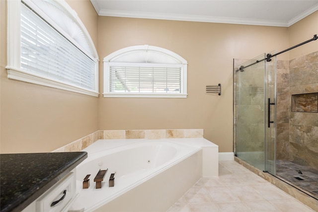 5811 Cimmaron Creek Ct, Spring, TX 77379 - bathroom with tile patterned flooring, vanity, ornamental molding, a garden tub, and a stall shower
