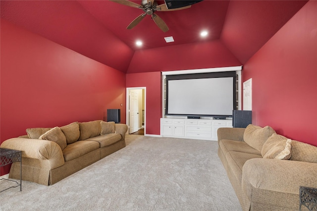 5811 Cimmaron Creek Ct, Spring, TX 77379 - carpeted cinema room with recessed lighting, ceiling fan, vaulted ceiling, and visible vents
