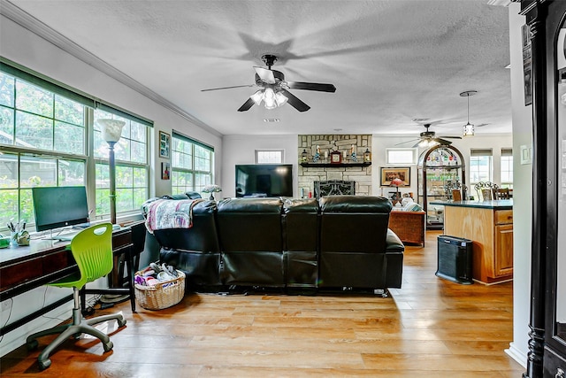 living area featuring a textured ceiling, ceiling fan, a wealth of natural light, and light wood-type flooring