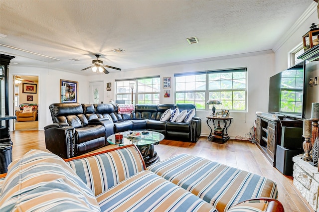 living area featuring visible vents, attic access, light wood-type flooring, a textured ceiling, and a ceiling fan