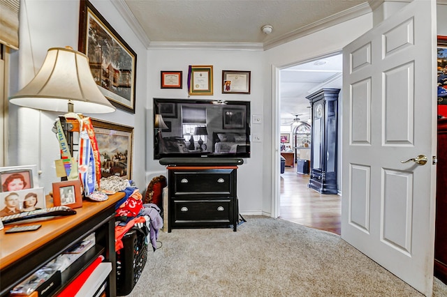 interior space featuring crown molding, decorative columns, and carpet flooring